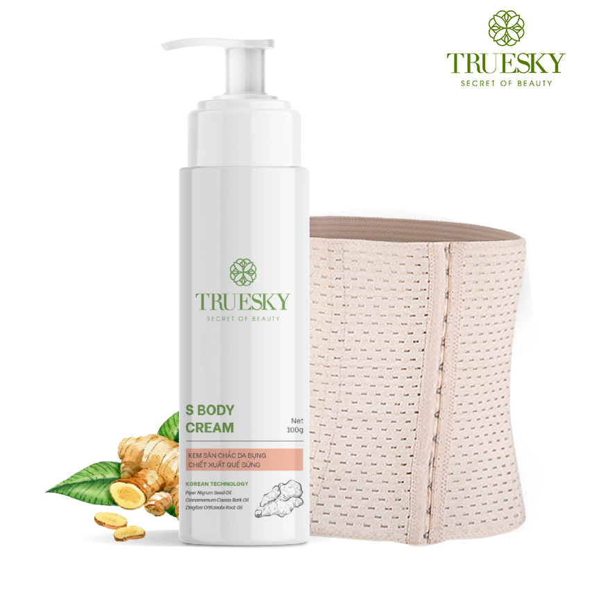 Bộ sản phẩm tan mỡ bụng an toàn và hiệu quả Truesky gồm 1 kem tan mỡ bụng quế gừng 100g + 1 đại nịt bụng quấn nóng
