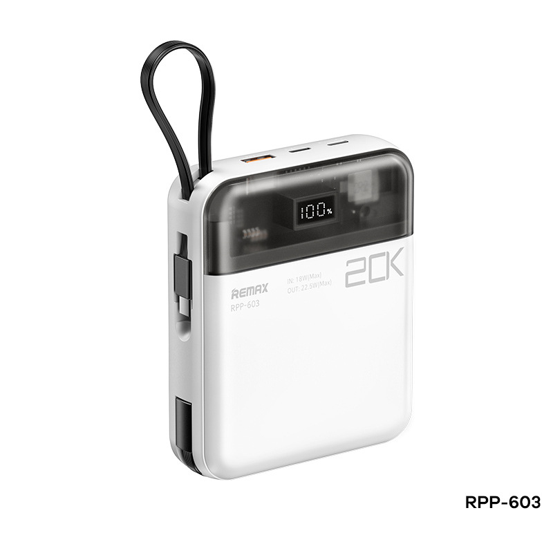 Pin dự phòng Remax RPP-603 20000mAh tích hợp 2 cáp sạc nhanh có sạc dòng thấp cho tai nghe AP - QC 22.5W và PD 20W Nhất Tín Computer