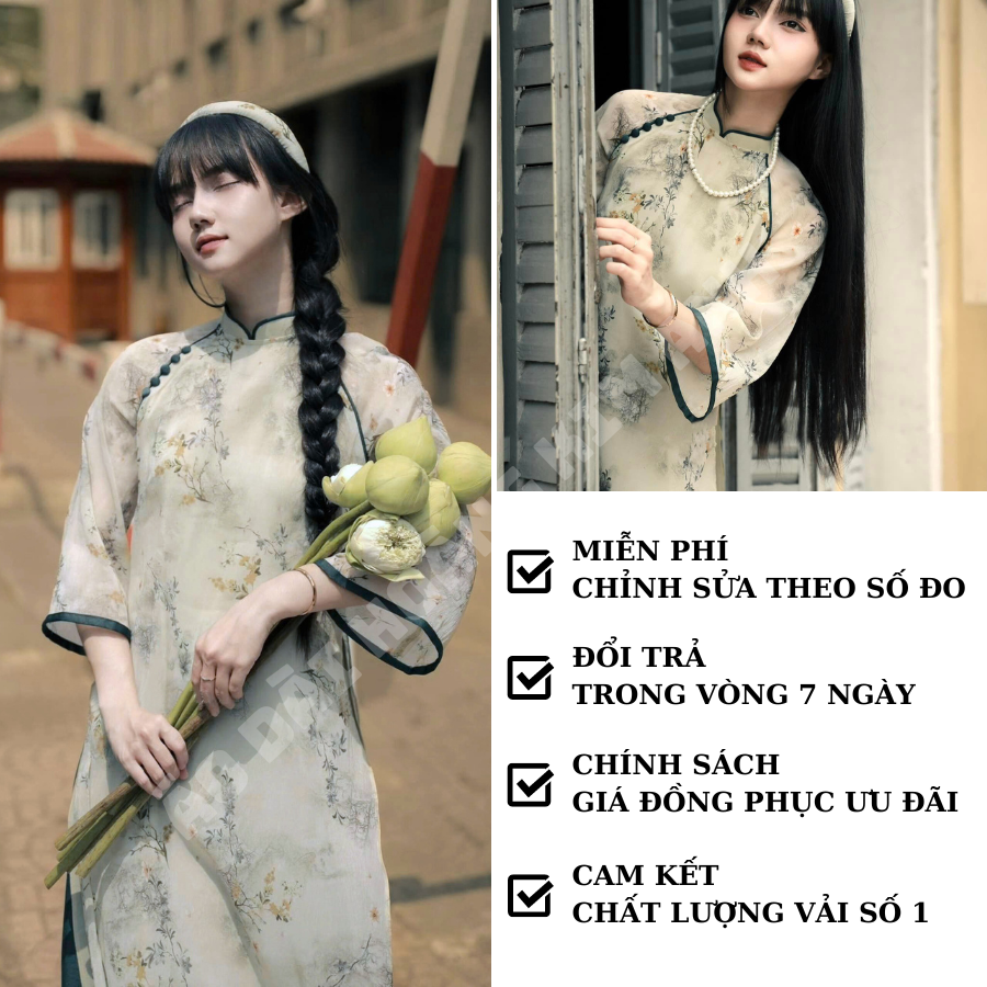Áo dài cách tân nữ dáng suông 4 tà lụa tơ in hoa bọc cúc cao cấp, Áo dài truyền thống nữ màu Be mặc Tết Lễ Cưới Hà An