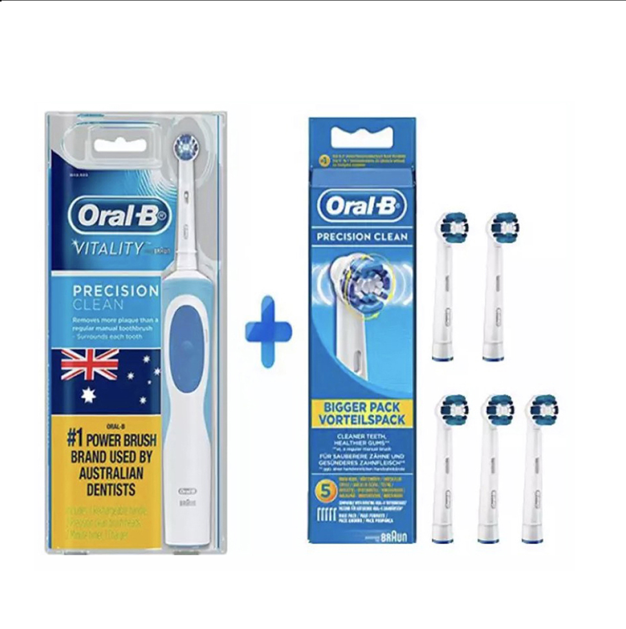 Combo Bàn chải điện Oralb Vitality Precision Clean + Vỉ 5 đầu bàn chải (bảo hành 3T) + Tặng 2 nắp đậy + 1 giá cắm sạc