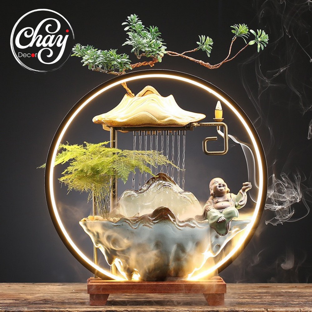 Thác nước phong thủy, đài thưởng trầm phun nước kèm đèn led cao cấp hàng loại i - chay decor