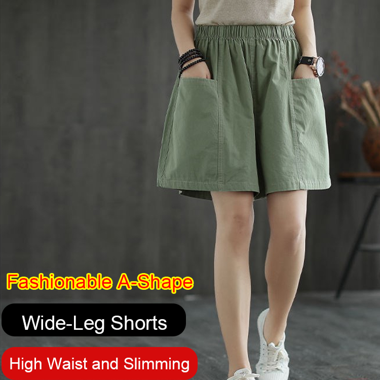 jizhangxiao High waisted  shorts for women literary solid color pocket wide leg sports elastic waist overalls