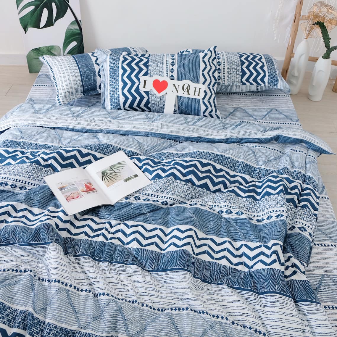 Bộ chăn ga Cotton Hoạ Tiết Thổ Cẩm Xanh