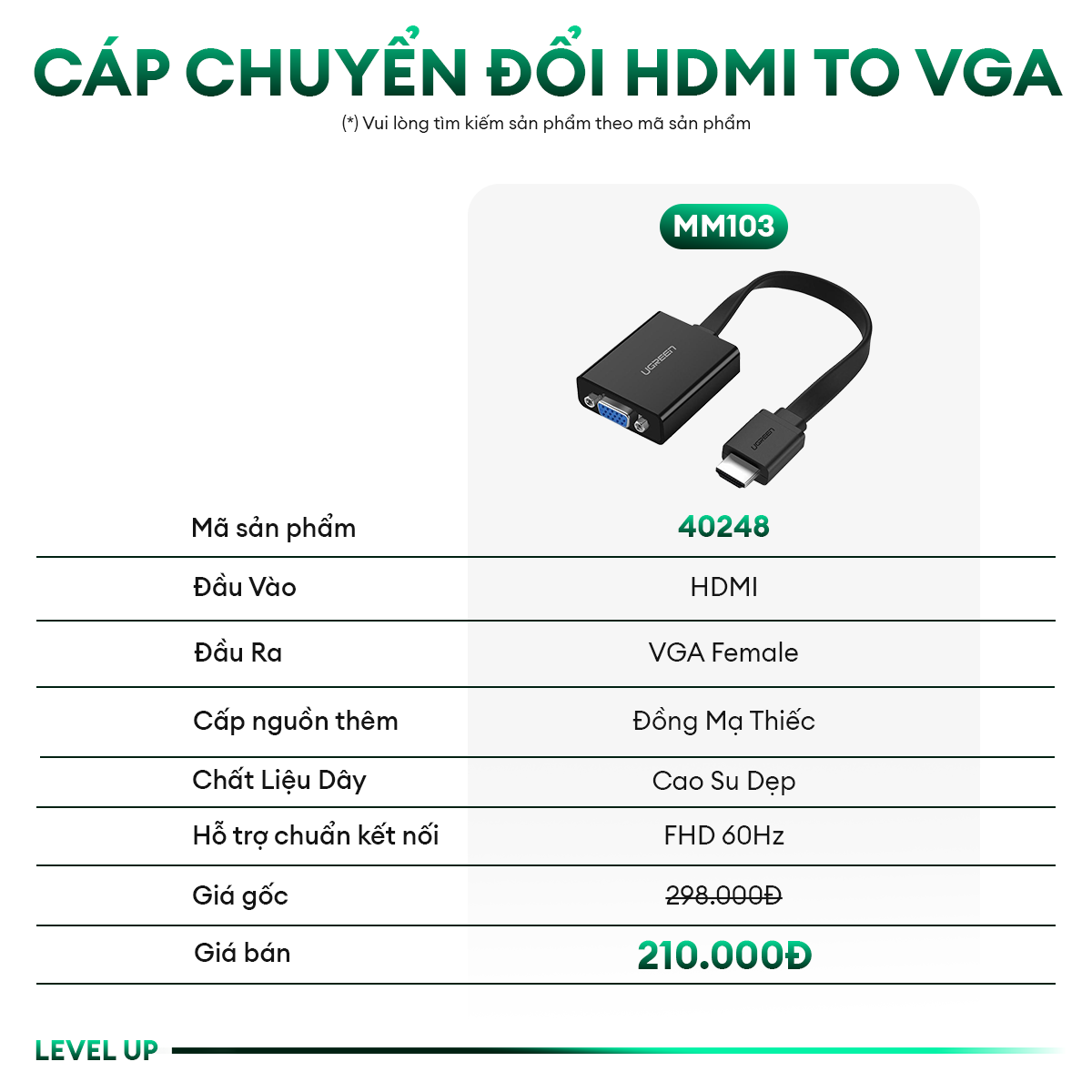 Cáp chuyển đổi HDMI sang VGA UGREEN MM103 dây dẹt tích hợp cổng Audio 3.5mm + Micro USB hỗ trợ nguồn ngoài - Hàng phân phối chính hãng - Bảo hành 18 tháng 1 đổi 1 | 40248