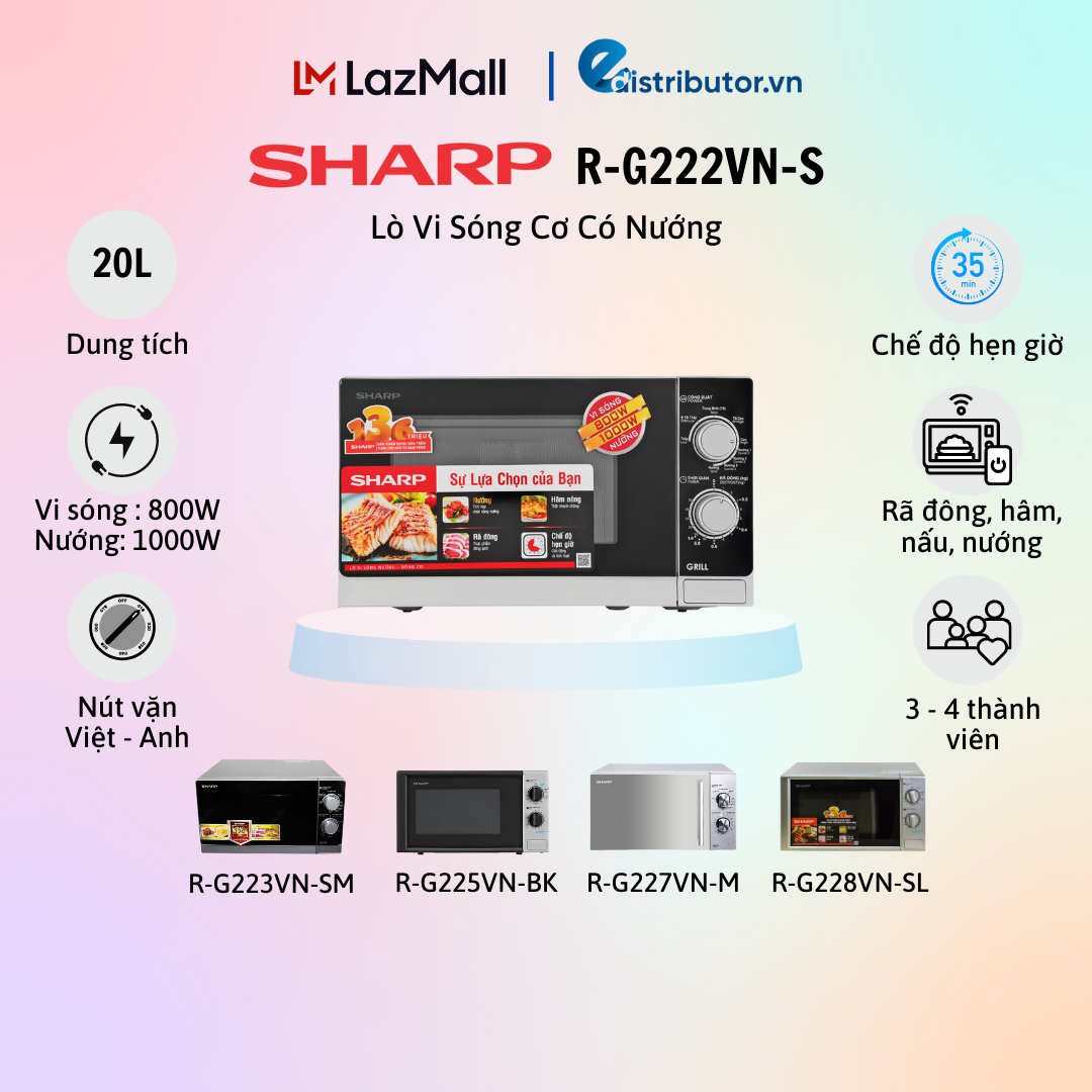 Lò vi sóng có nướng sharp r-g222vn-s/r-g223vn-sm/r-g225vn-bk/r-g227vn-m/r-g228vn-sl 20 lít - hàng chính hãng
