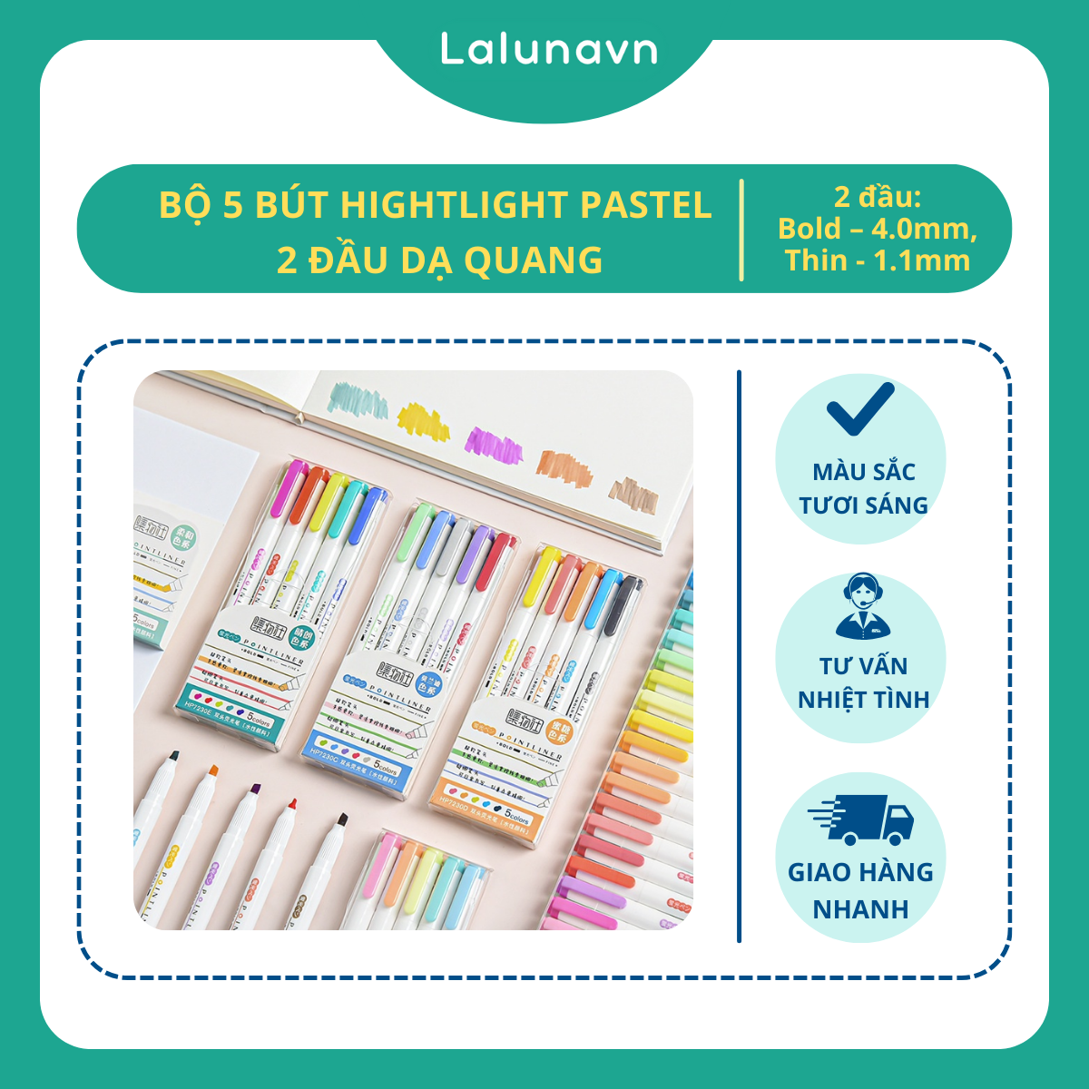 Bộ 5 bút hightlight pastel đánh dấu theo chủ đề 2 đầu dạ quang Pointliner A81
