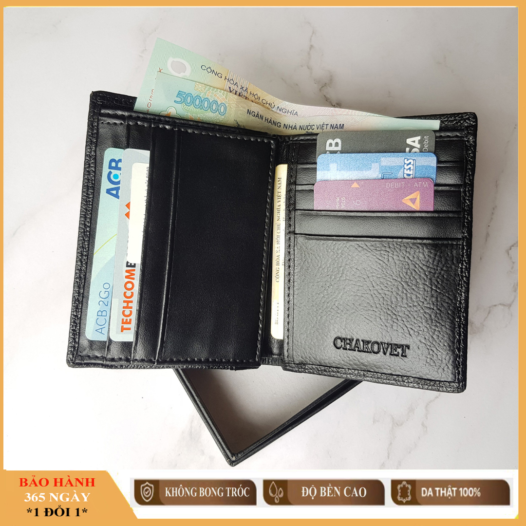 Ví nam da bò thật dáng đứng V.585 , Kiểu ví da thật nam có hộp đựng sang trọng, Bóp nam da bò họa tiết da sần có khóa kéo, Bóp da nam Chakovet đựng tiền thẻ giấy tờ xe