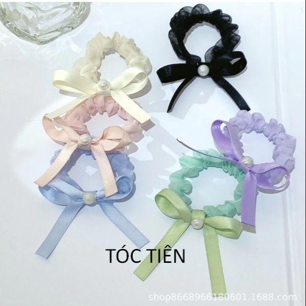 Dây cột tóc gắn nơ ruy băng đính hạt phụ kiện tóc tiên