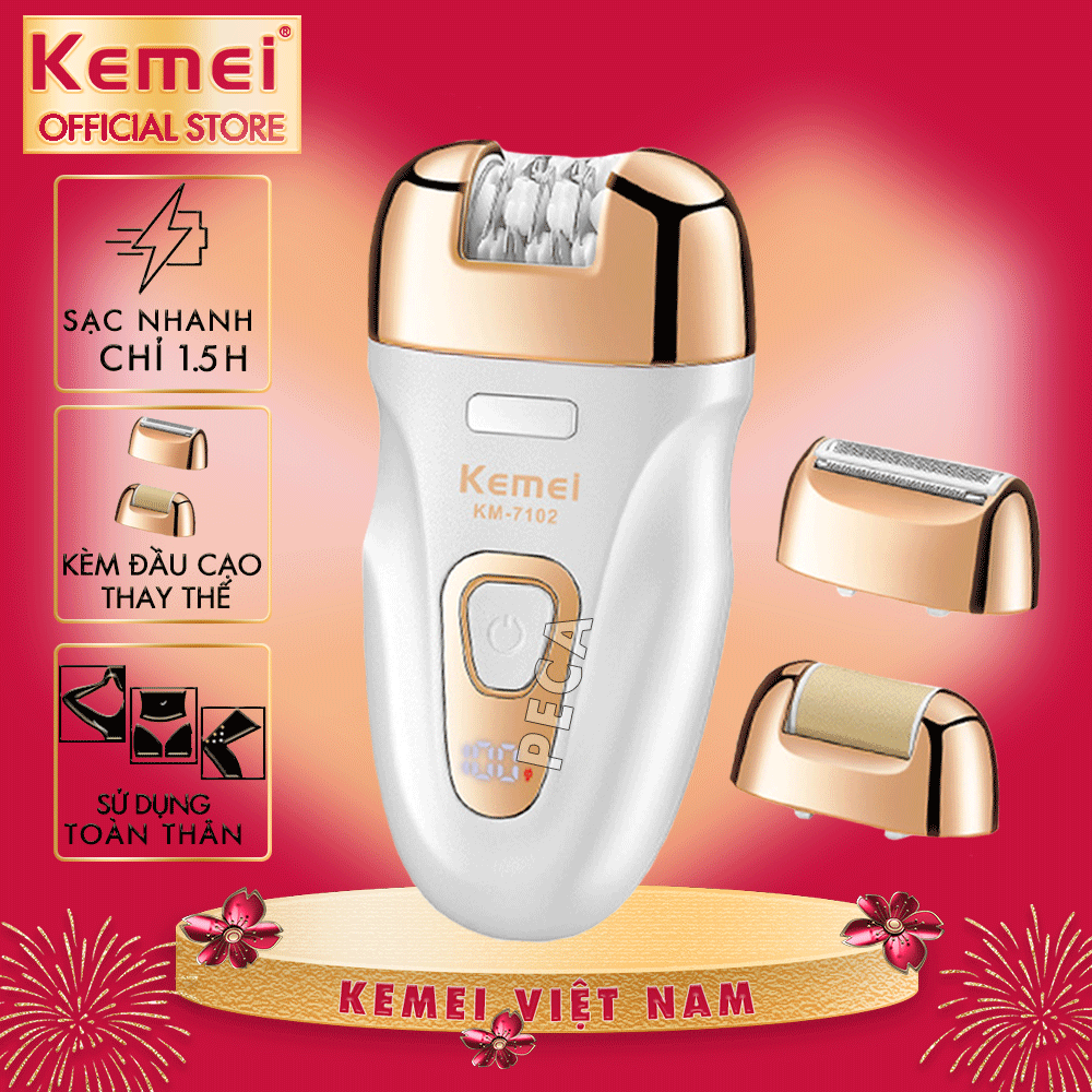 Máy tẩy lông đa năng 3in1 Kemei KM-7102 gồm 3 đầu nhổ lông, cạo lông, chà gót chân tiện lợi sử dụng toàn thân