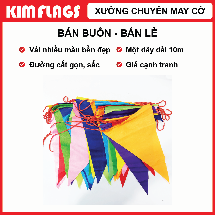 Cờ dây đuôi nheo hình tam giác nhiều màu dài 10 của xưởng may cờ Kim Flag - chuyên trang trí cửa hàng, nhà cửa