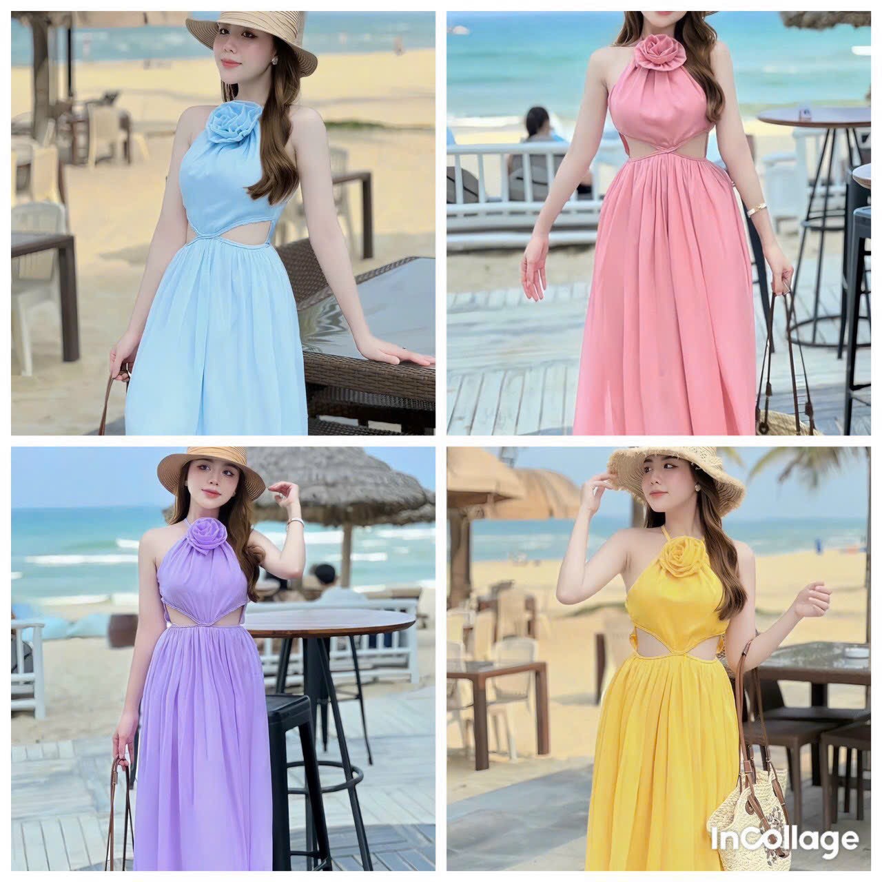 Đầm maxi, đầm cổ yếm đính bông khoét hông chất lụa mềm mại, thích hợp đi biển, mặc nhà đều được