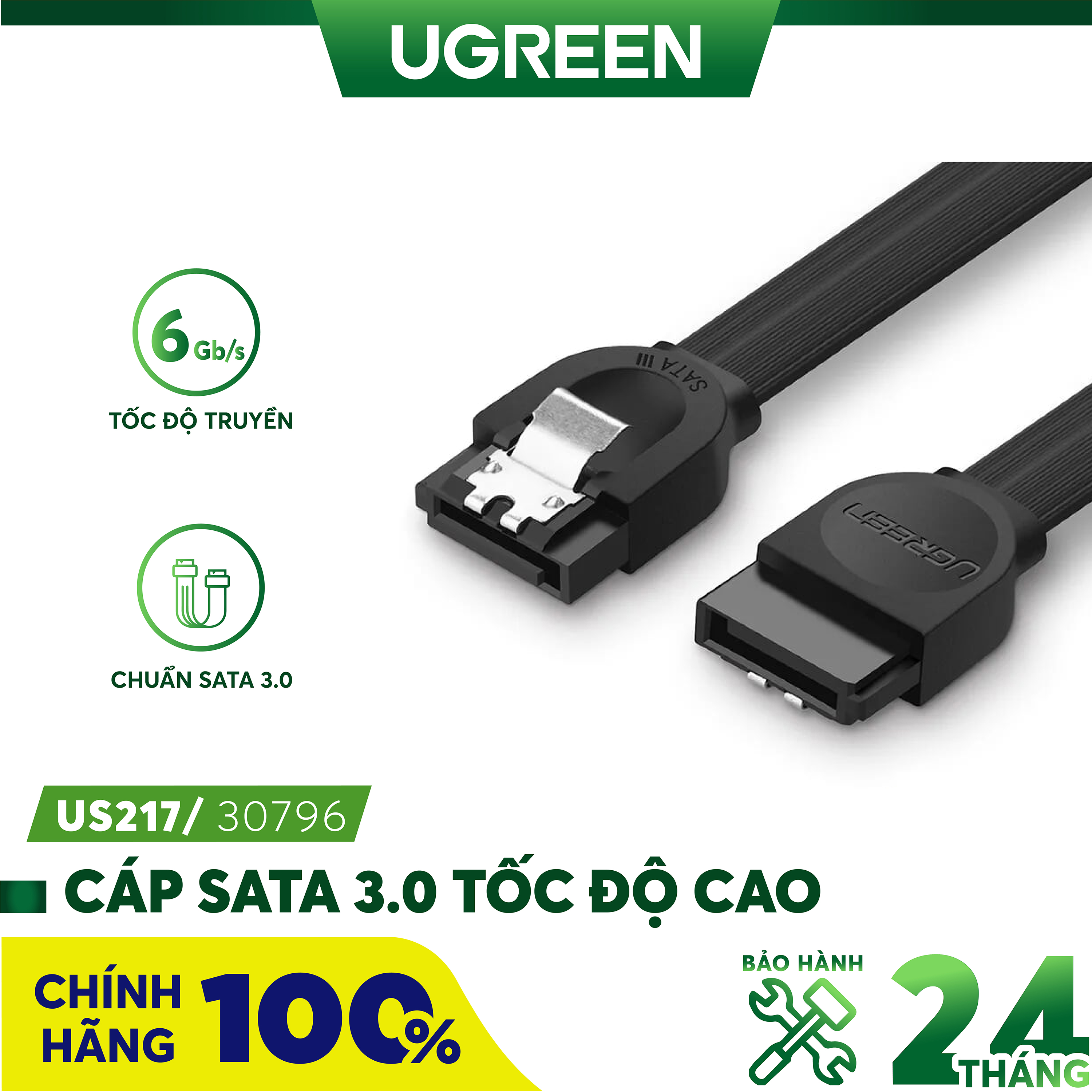 Cáp SATA 3.0 đầu thẳng chính hãng Ugreen 30796 tốc độ truyền dữ liệu cao