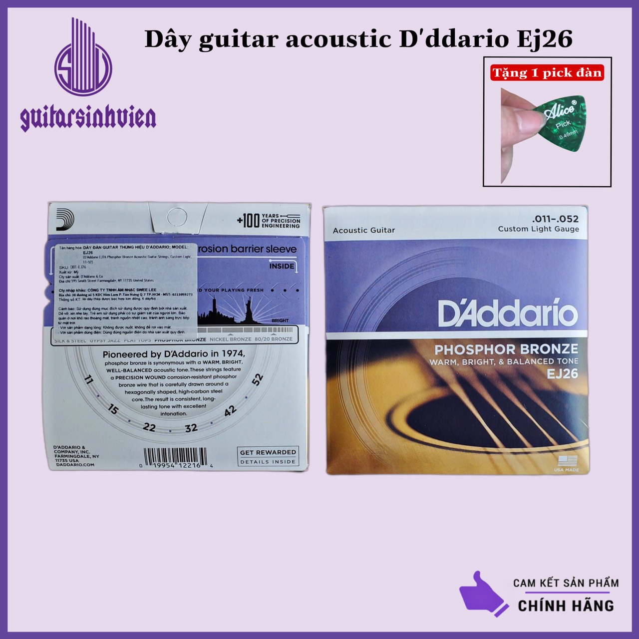 Dây đàn acoustic D'addario EJ26 Phosphor Bronze - dây đàn ra âm rất hay, sắc xảo - chuyên cho đánh show