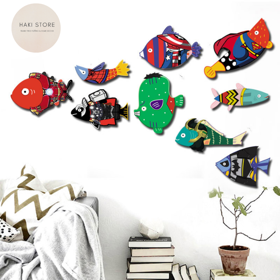 Bộ tranh cá dán tường siêu nhân decor phòng ngủ, cá dán tường siêu anh hùng trang trí phòng bé