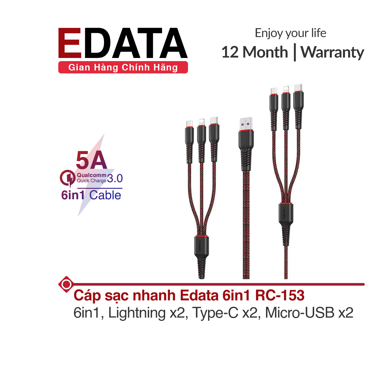 Cáp sạc 6in1 Edata, sạc nhanh tối đa 5A, sạc 6 điện thoại cùng lúc, 2 Lightning, 2 Type-C, 2 Micro-USB cáp sạc bọc dù chắc chắn