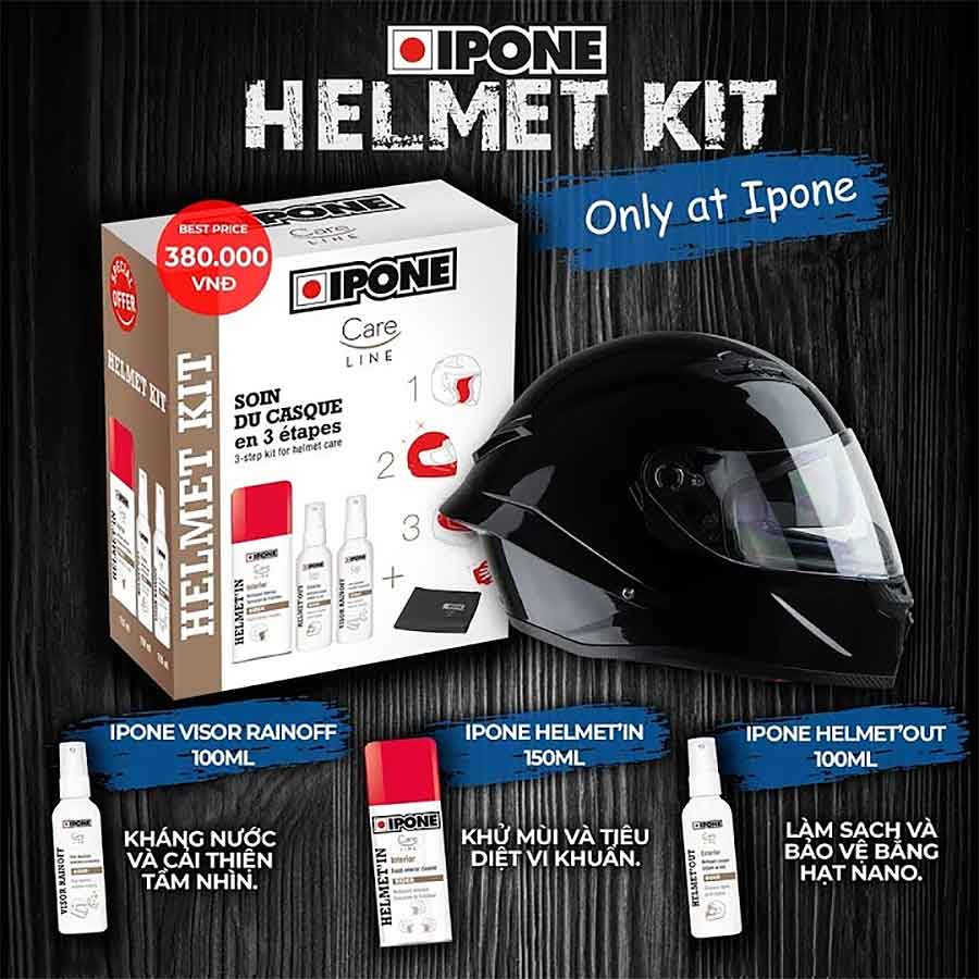 Ipone helmet kit - bộ chăm sóc, vệ sinh mũ bảo hiểm 3 trong 1
