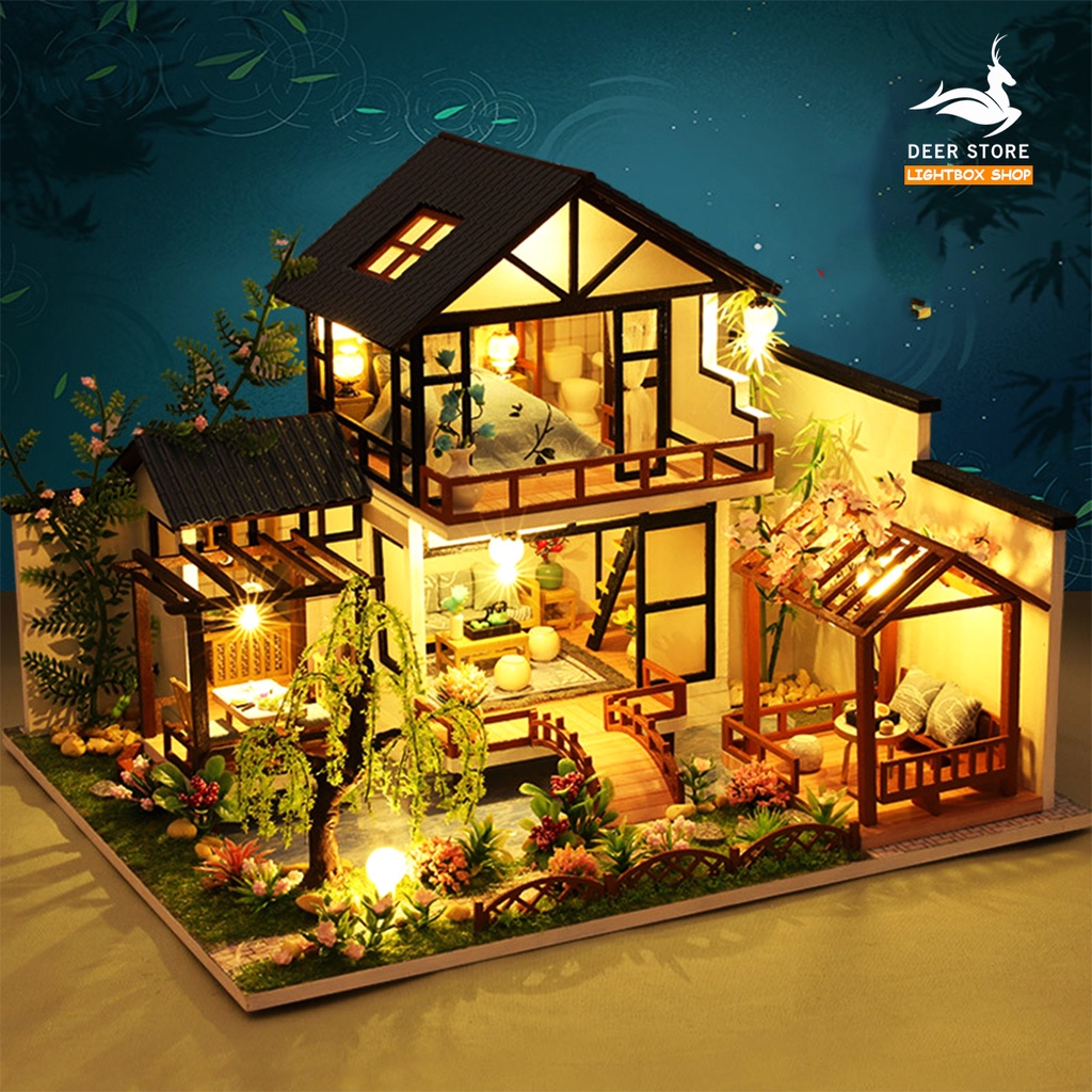 [Hoàn Tiền 10%]Nhà búp bê mô hình làm bằng gỗ  Tặng DỤNG CỤ + KEO + CÓT NHẠC. Nhà mini thủ công tự làm DIY P010