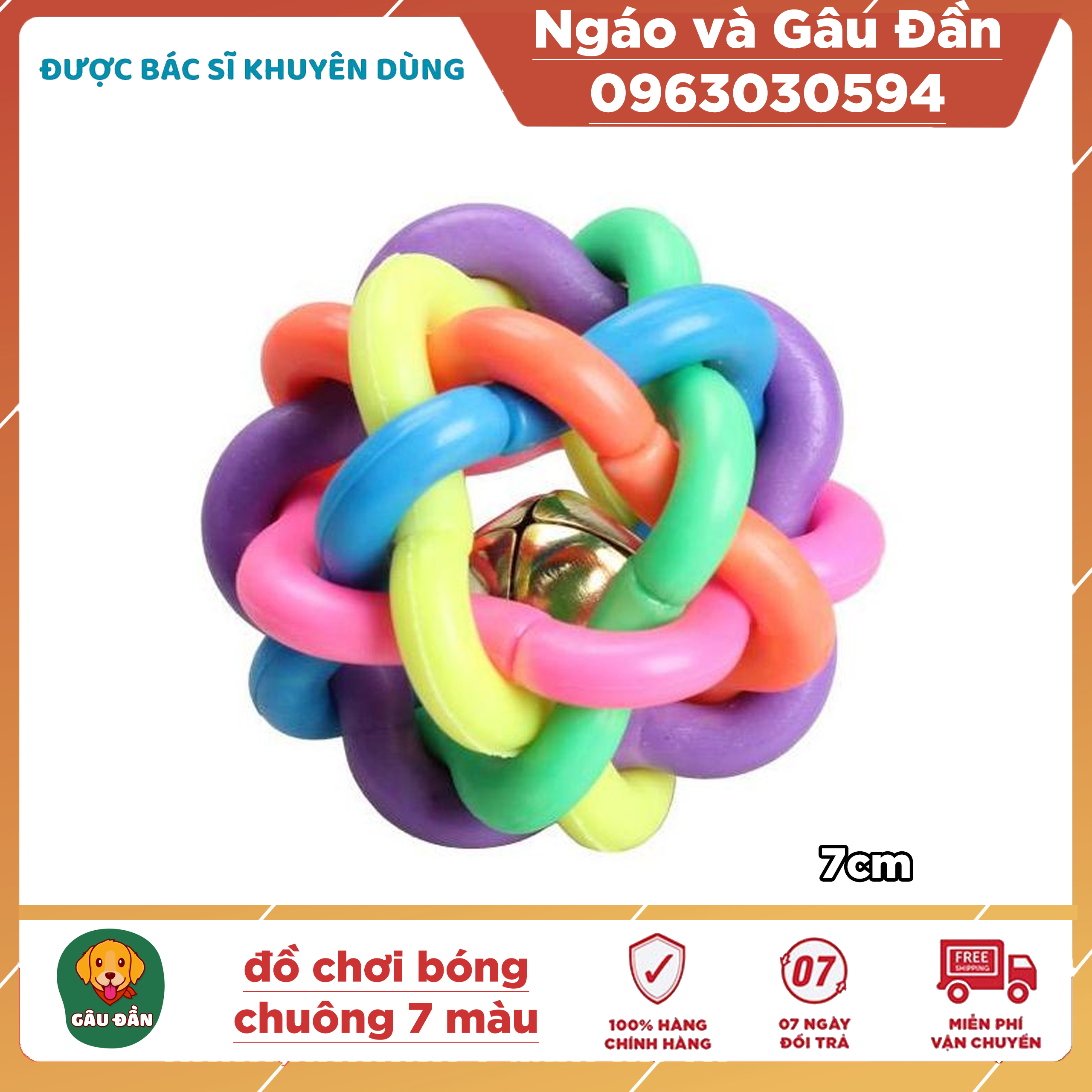 Đồ chơi cho chó mèo - Bóng chuông cao su 7 màu cho chó mèo size to Ngáo Và Gâu Đần