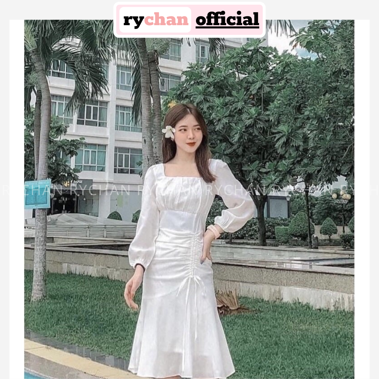 Đầm thiết kế nữ dự tiệc cưới cổ vuông nhúng ngực tùng rút dây mùa trắng kem đỏ - dx9788