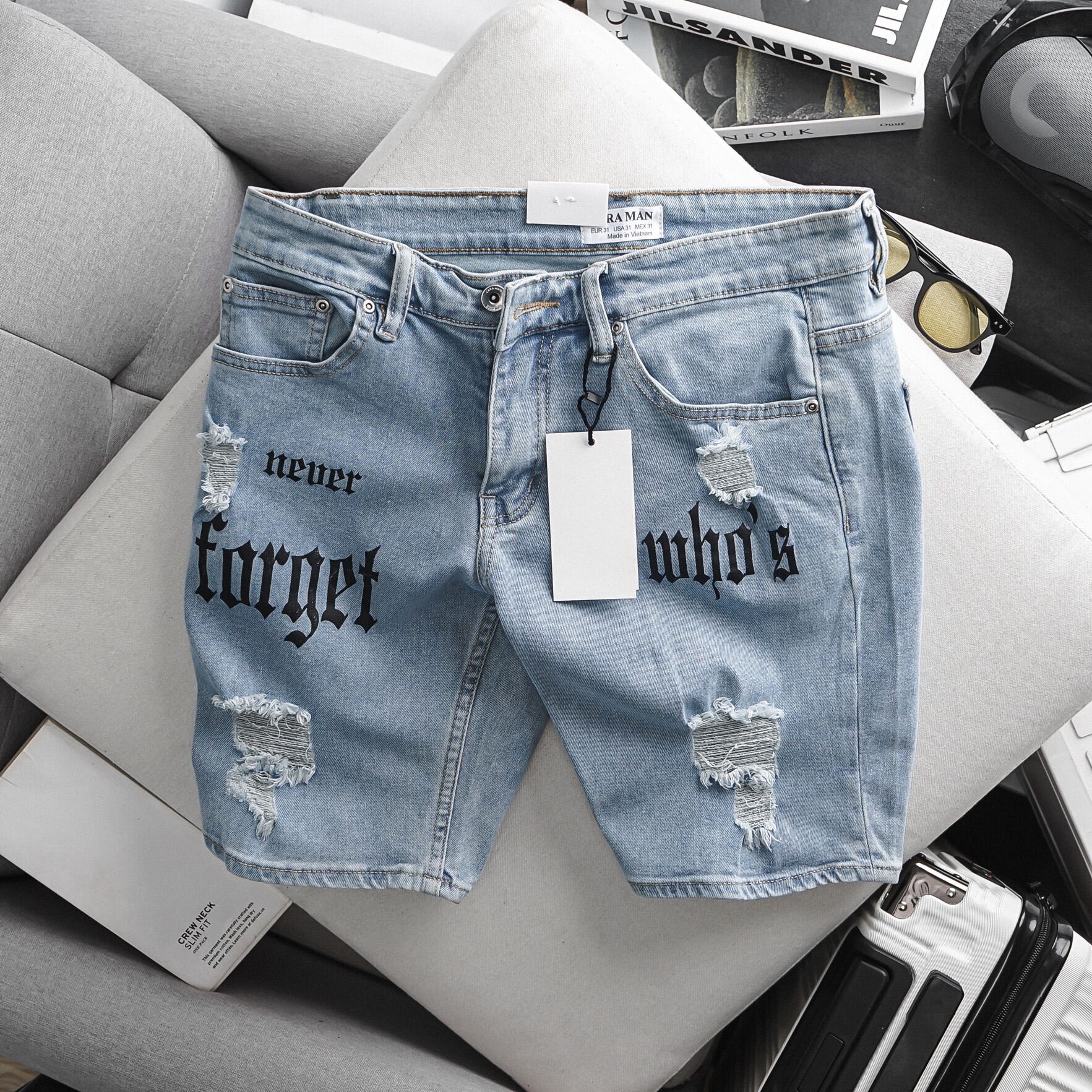 Quần Short Jean Nam xịn rách gối in đen slimfit co giãn