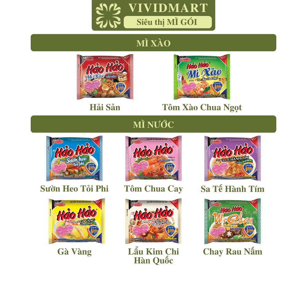 -acecook-hao hao instant noodles 8 flavors: seafood, sweet & sour shrimp, fried garlic pork rib, hot & sour shrimp, purple onion satay, chicken, kimchi, vegetarian mushroom