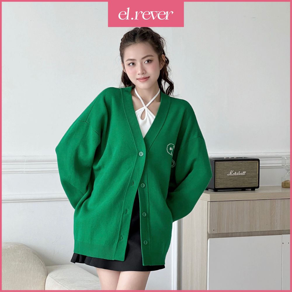 El.rêver - áo khoác cardigan nữ len dệt kim họa tiết chữ thêu el.rêver - màu xanh lá - 0322c01