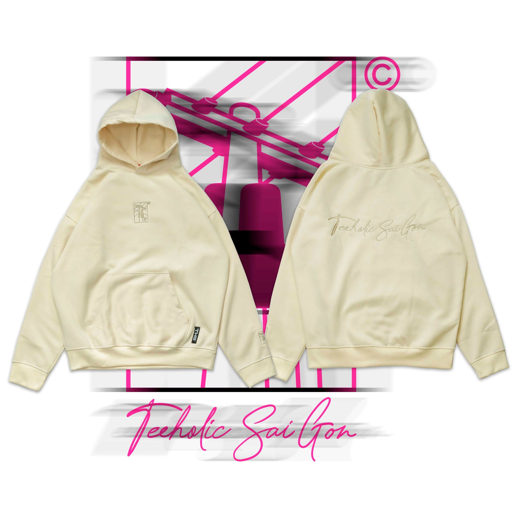 Áo hoodie unisex nam nữ thêu logo teeholic màu kem - ths
