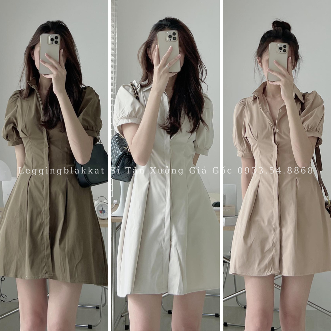 Đầm váy sơ mi tay bồng hàng thiết kế siêu đẹp thời trang Banamo Fashion váy sơ mi tay bồng 5918