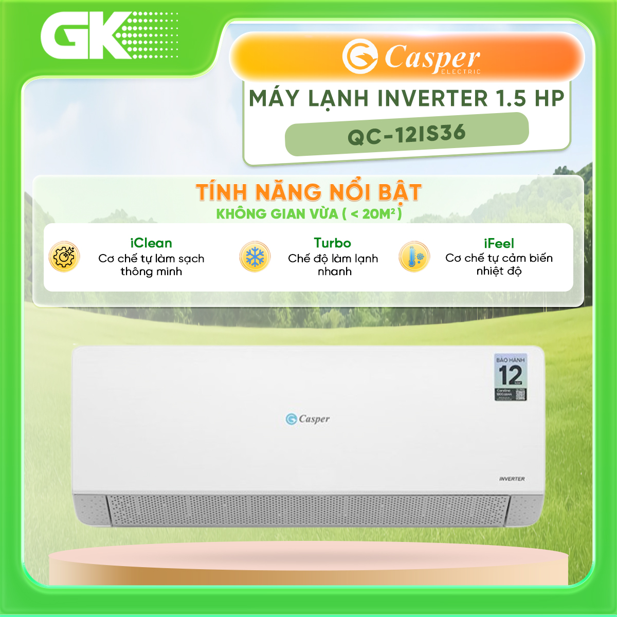 Máy lạnh Casper 1.5 HP 12000BTU inverter QC-12IS36 - [HCM] [Trả Góp] - Làm lạnh nhanh thoải mái dễ chịu Bền bỉ với thời gian: Dàn đồng, mạ vàng chống ăn mòn - GIAO HÀNG TOÀN QUỐC - FREESHIP HCM