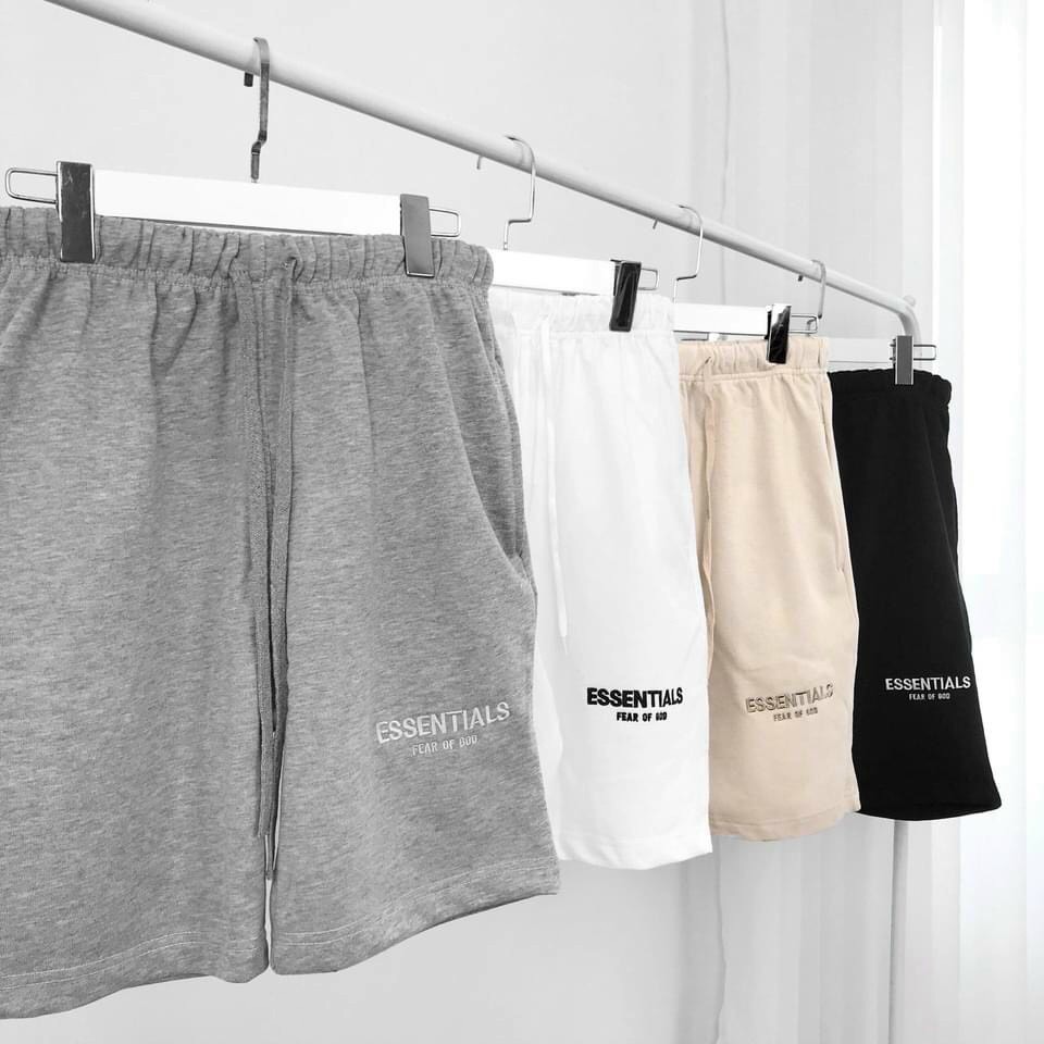 Quần đùi nam thêu ESENTIAL chất vải thun cotton cứng dày mịn, có khóa kéo túi, ÚTAK