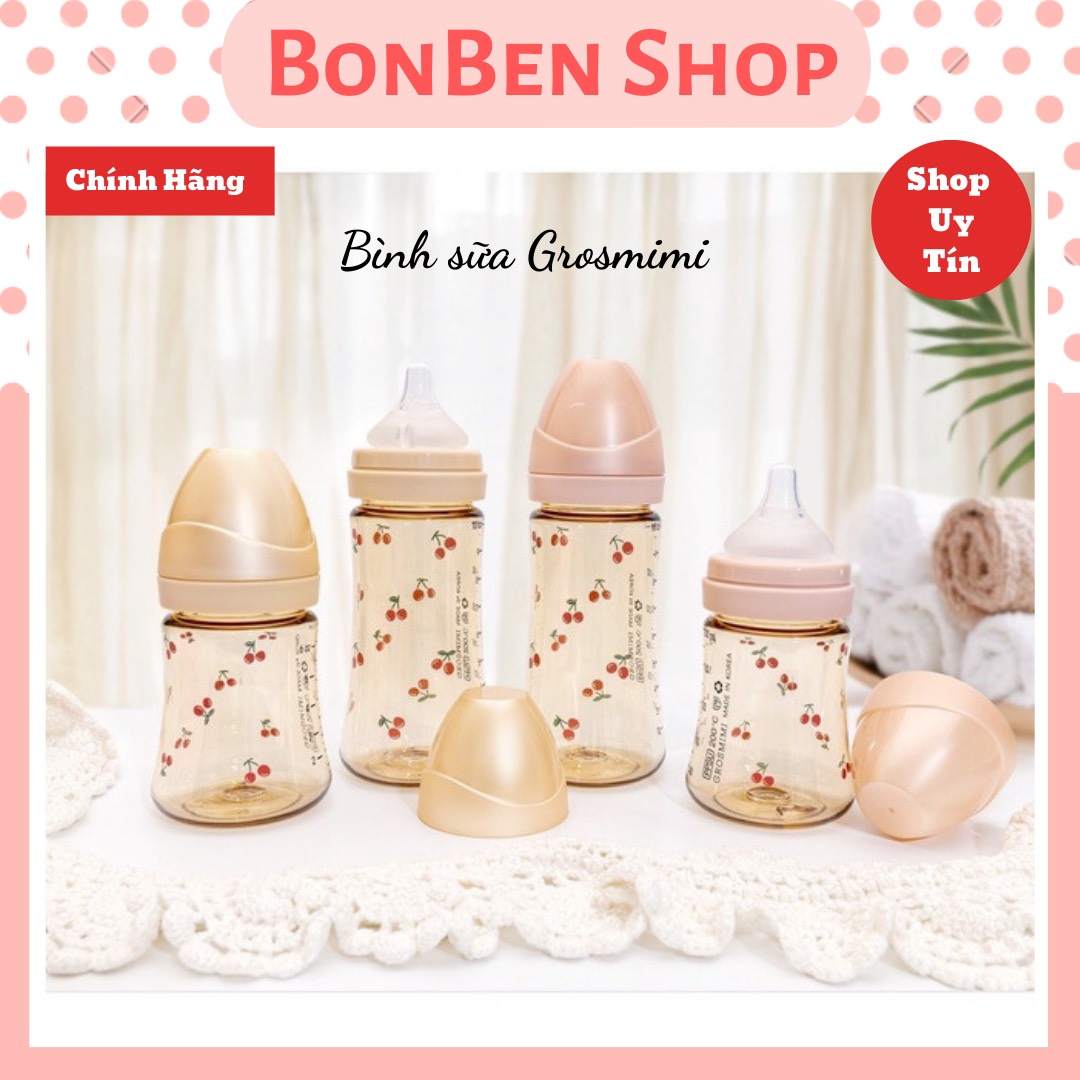 BÌNH SỮA GROSMIMI HỌA TIẾT CHERRY DUNG TÍCH 200-300ML, TÙY CHỌN SIZE NÚM MOYUUM, NÚM GROSMIMI; BONBEN SHOP CAM KẾT HÀNG CHÍNH HÃNG [Quà tặng]