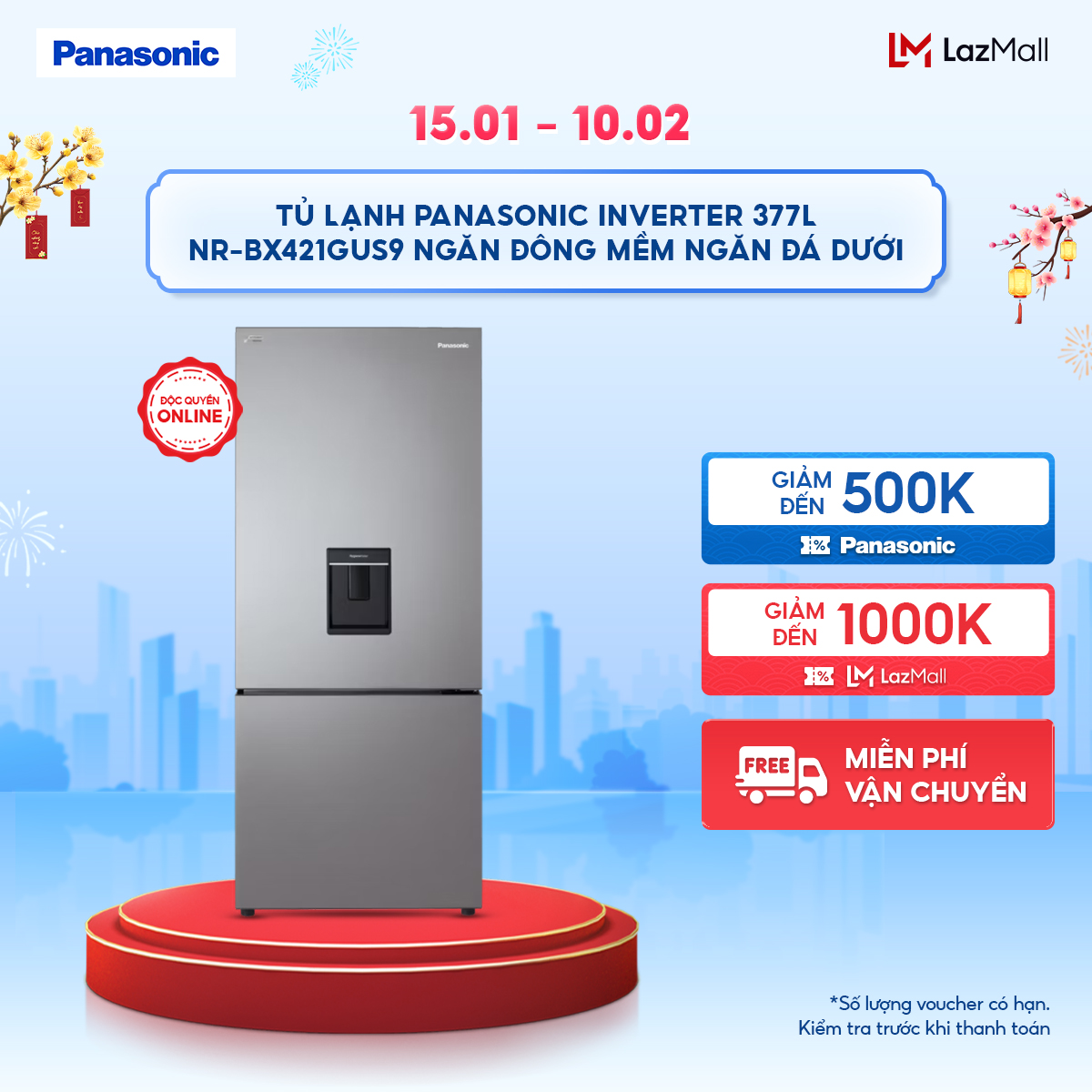   Trả góp 0%  Tủ lạnh Panasonic Inverter 377 lít NR-BX421GUS9 Ngăn đông mềm Ngăn đá dưới 