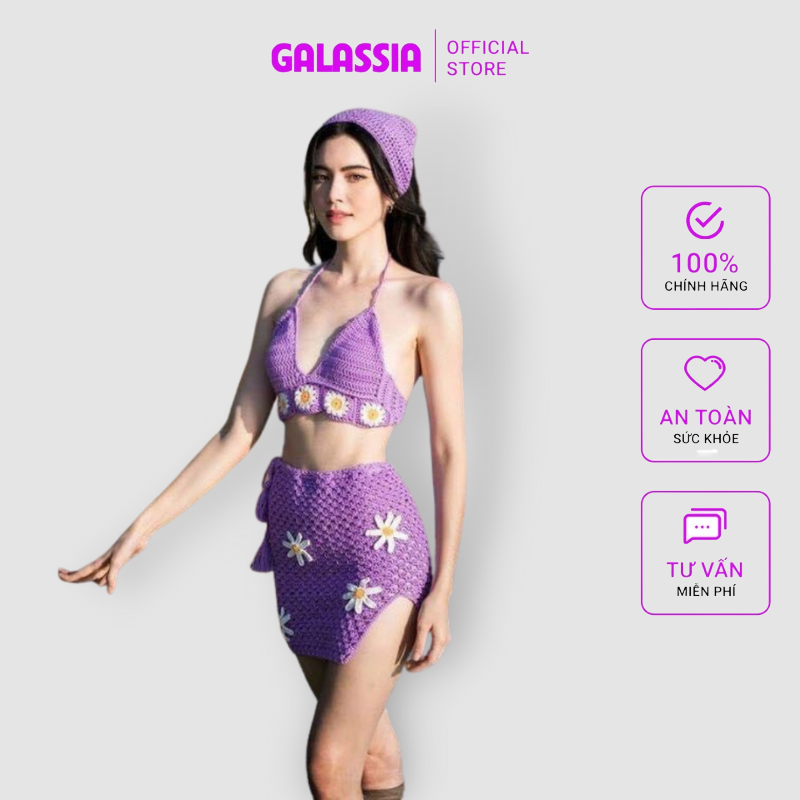 Set bikini 3 mảnh đồ bơi nữ len móc đính hoa cúc kín đáo đi biển mùa hè sexy sang chảnh GALASSIA
