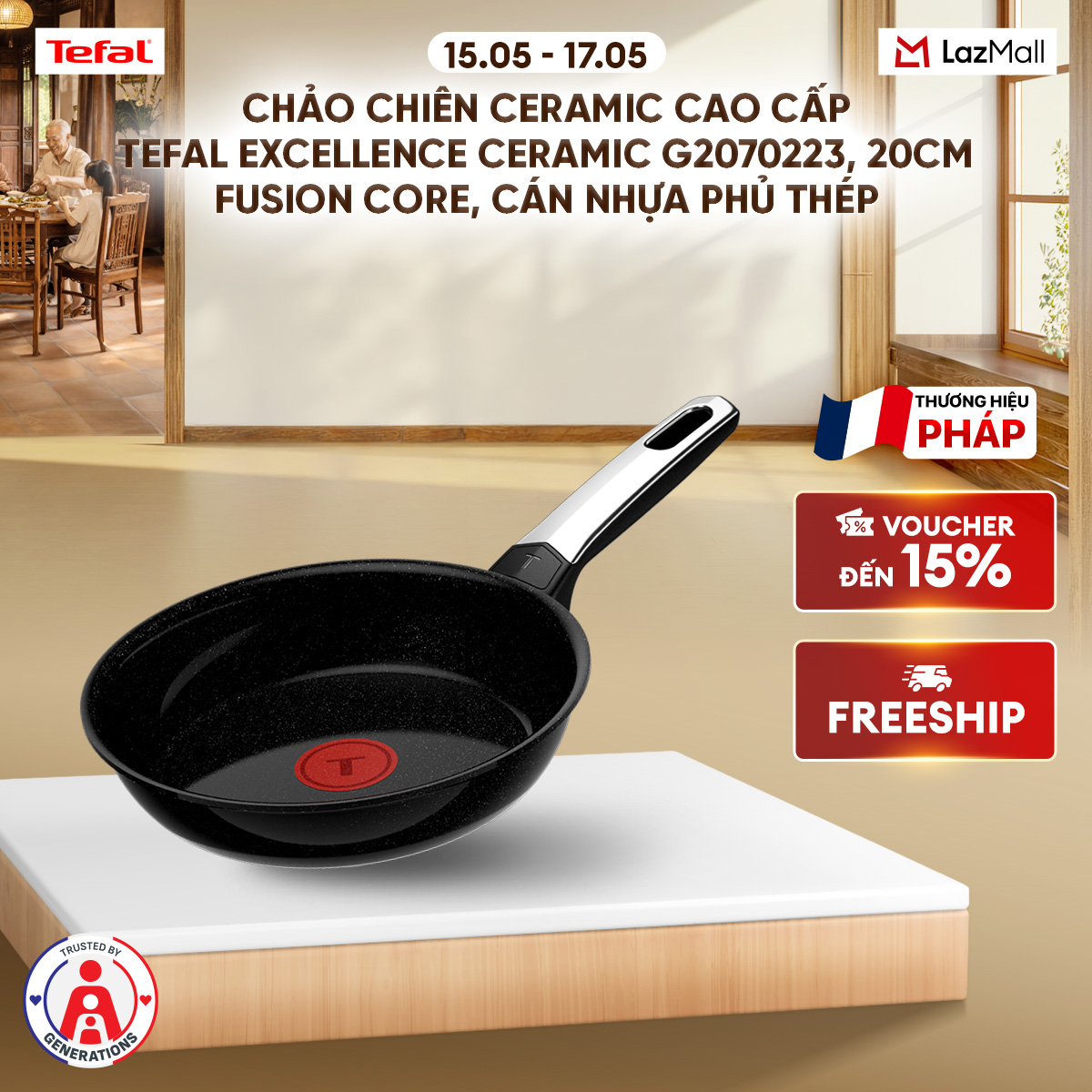 Chảo chiên ceramic cao cấp Tefal EXCELLENCE CERAMIC G2070223, 20cm, Fusion Core, cán nhựa phủ thép