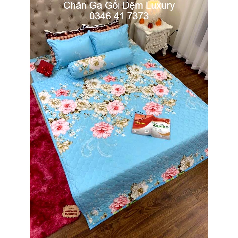 [HCM]Bộ Chăn Ga 5 Món Cotton Poly Hoa Trà Xanh ( 1m6 x 2m ) - ( 1 drap + 1 vỏ gối ôm + 2 vỏ gối nằm + 1 chăn hè )