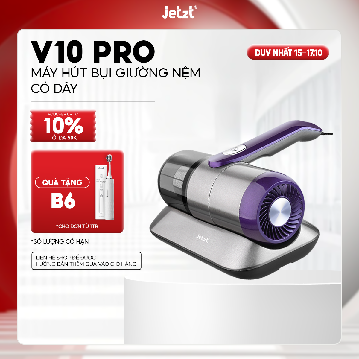 Máy hút bụi giường nệm diệt khuẩn UV kép JETZT V20 PRO không dây cầm tay