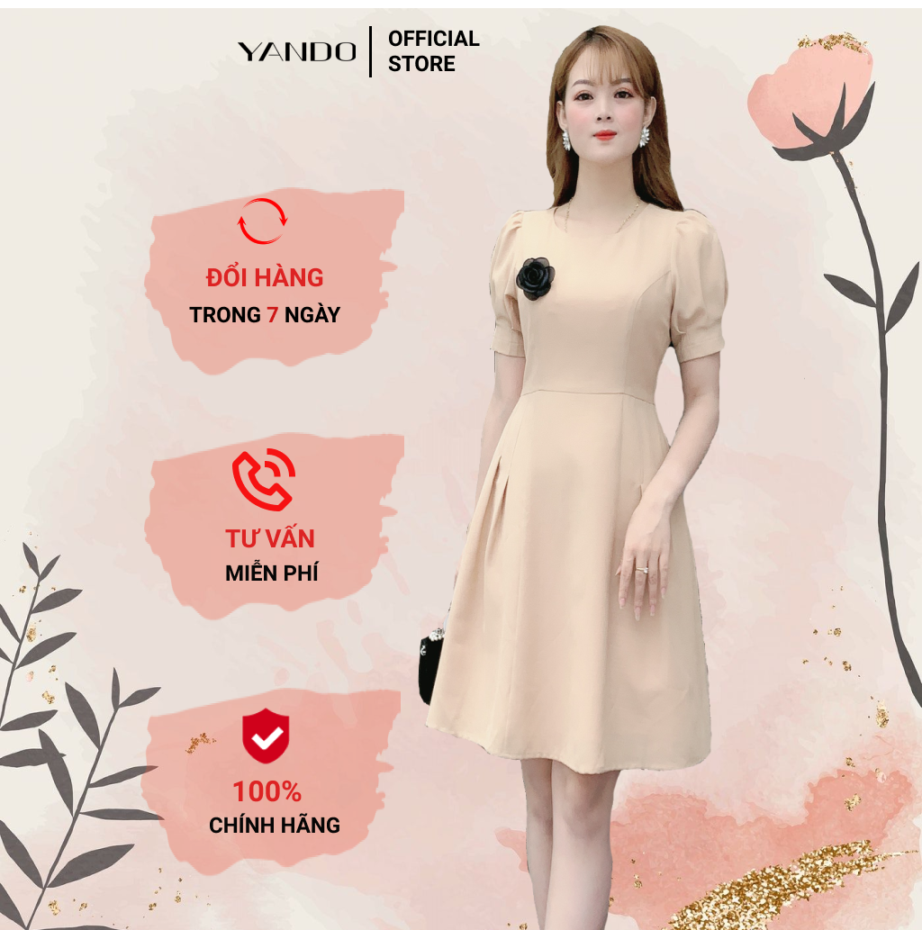 Đầm nửa tay phồng cài hoa sang trọng yando- da09
