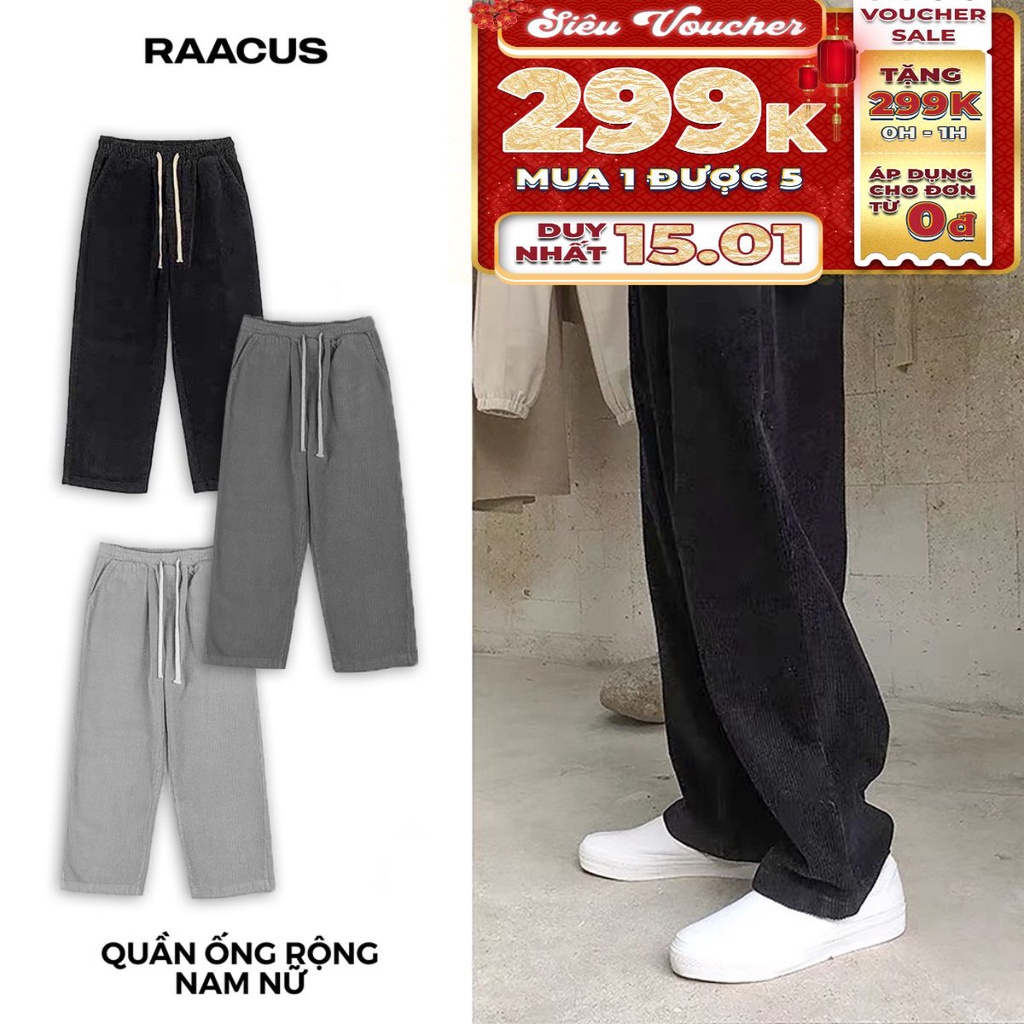 Quần ống rộng nam nữ Raacusstore dáng suông nhung tăm, quần suông nam nữ ống rộng unisex lem tăm