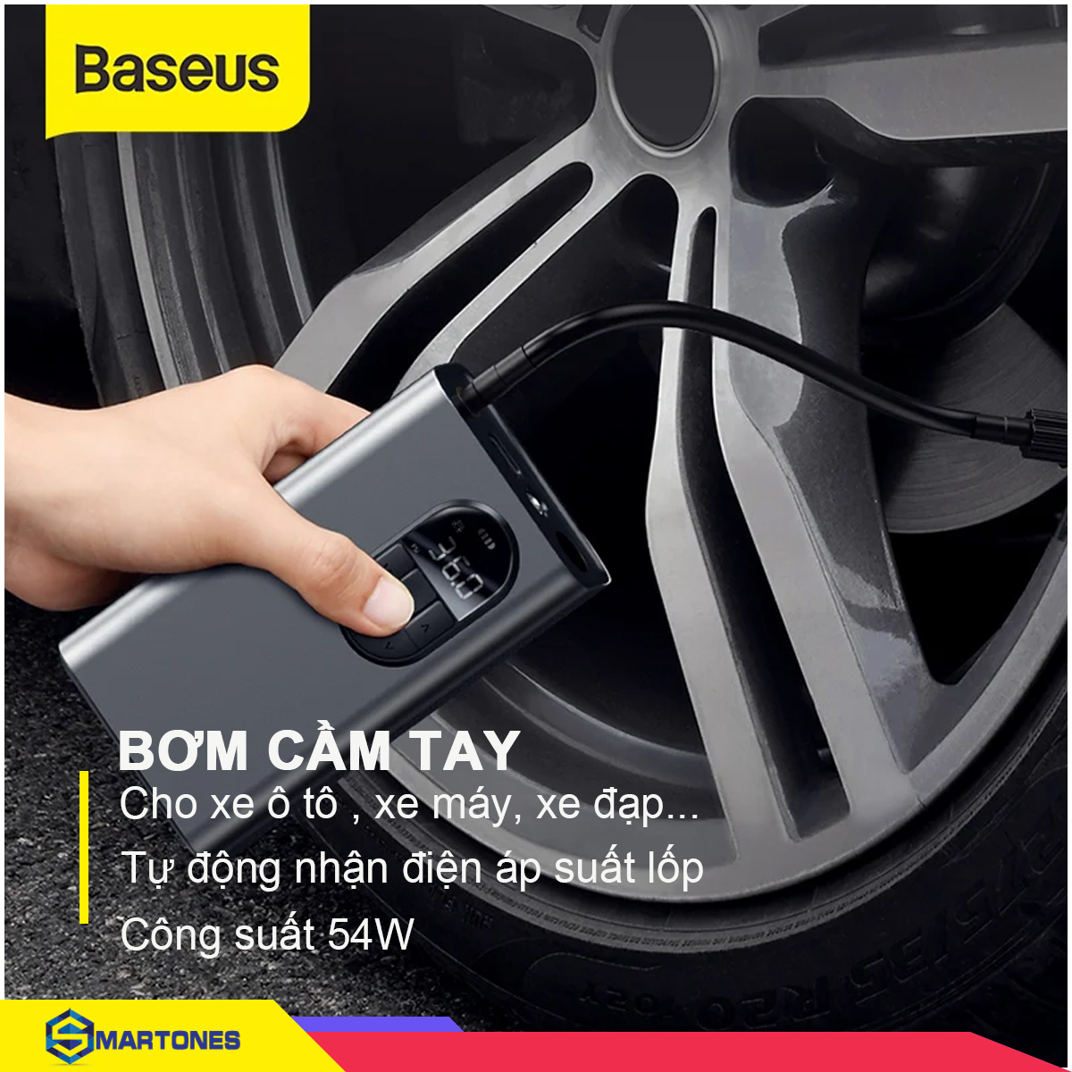 Máy bơm lốp di động Baseus cảm biến tự động nhận diện áp suất lốp cho xe ô tô xe máy xe đạp.