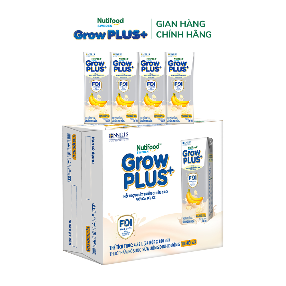 Thùng 24 hộp Sữa bột pha sẵn Nutifood Sweden GrowPLUS+ Vị Chuối Sữa hộp 180ml - Hỗ trợ phát triển chiều cao (24 hộp x 180ml)