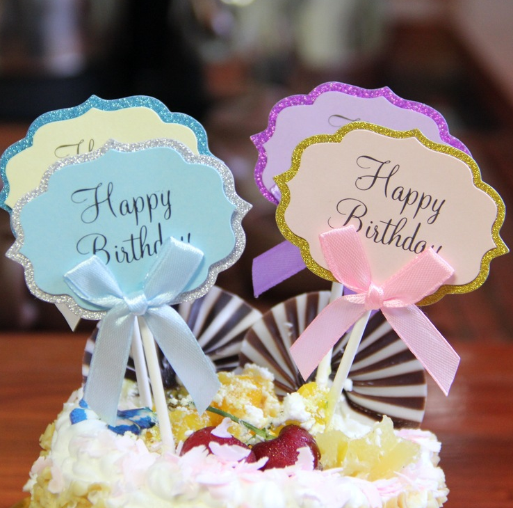 Que Cắm Thẻ Giấy Trang Trí Bánh Sinh Nhật, Bánh GATO, Món Ăn - Chữ Happy Birthday Kèm Nơ