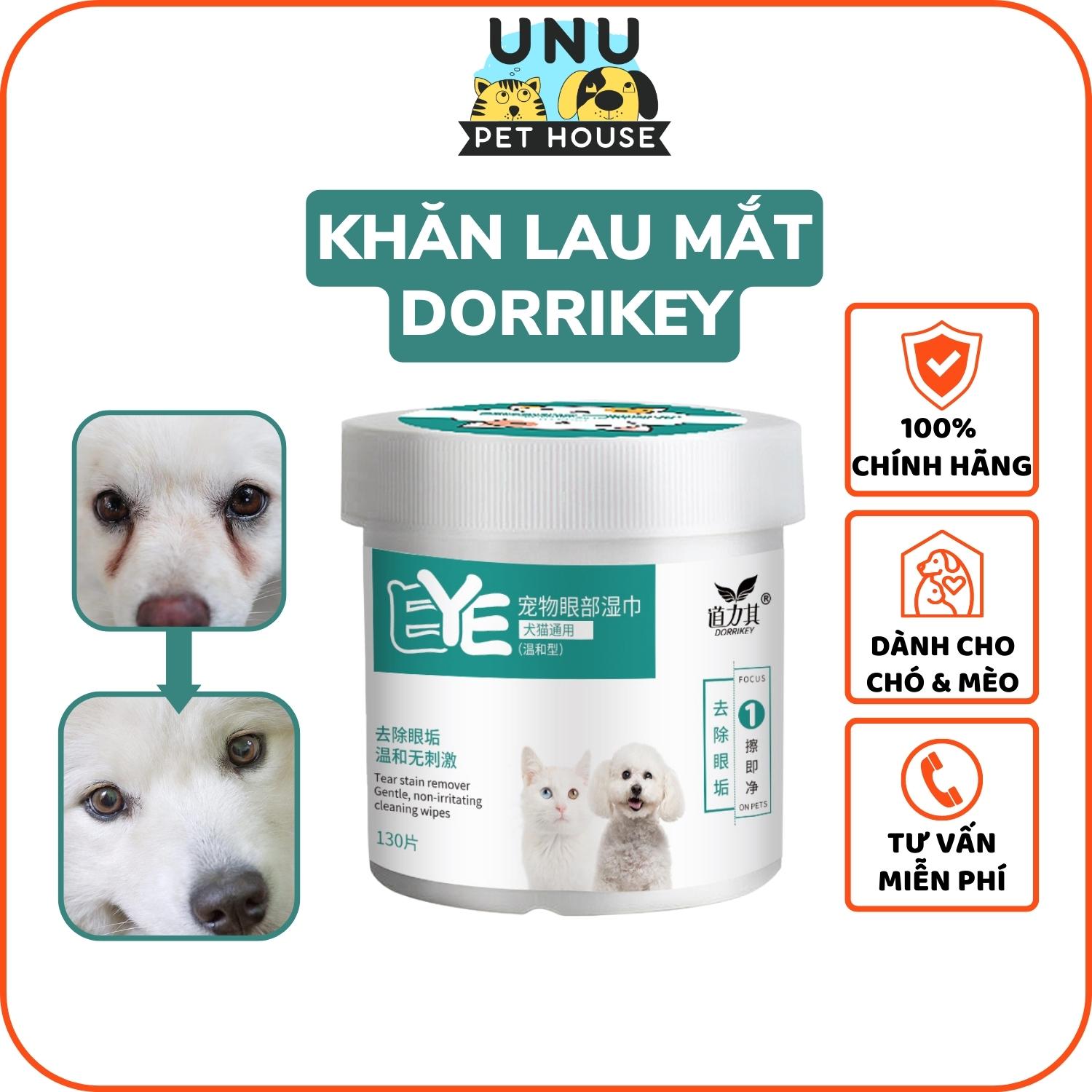 Khăn ướt lau mắt cho chó mèo DORRIKEY lau sạch vết ố, vệt nước mắt, chống viêm mắt, cấp ẩm vùng mắt cho chó mèo, hộp 130 miếng - UNU Pet House