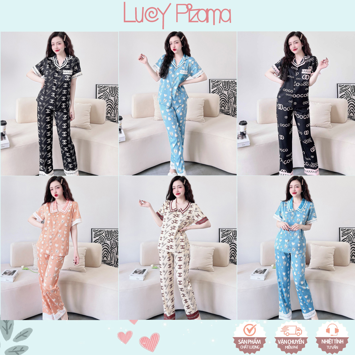 Bộ mặc nhà tay ngắn quần dài lụa xước ánh kim in viền sang trọng - Lucy Pizama