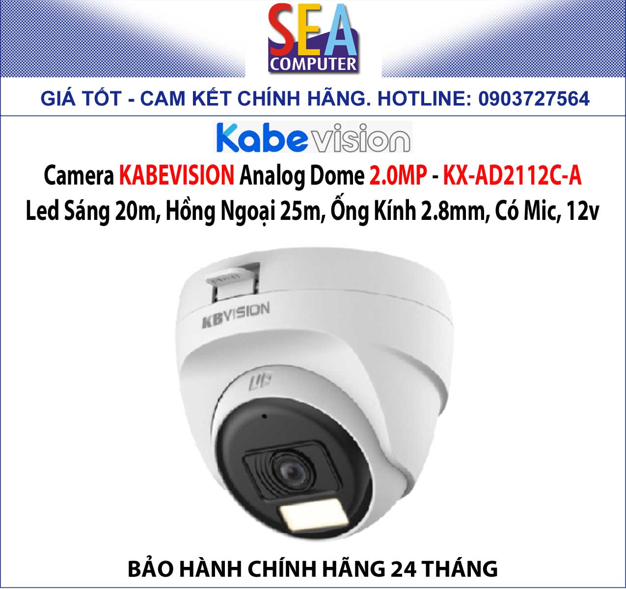 Camera KABEVISION Analog Dome 2.0MP - Led Sáng 20m, Hồng Ngoại 25m, Ống Kính 2.8mm, Có Mic, 12v - KX-AD2112C-A