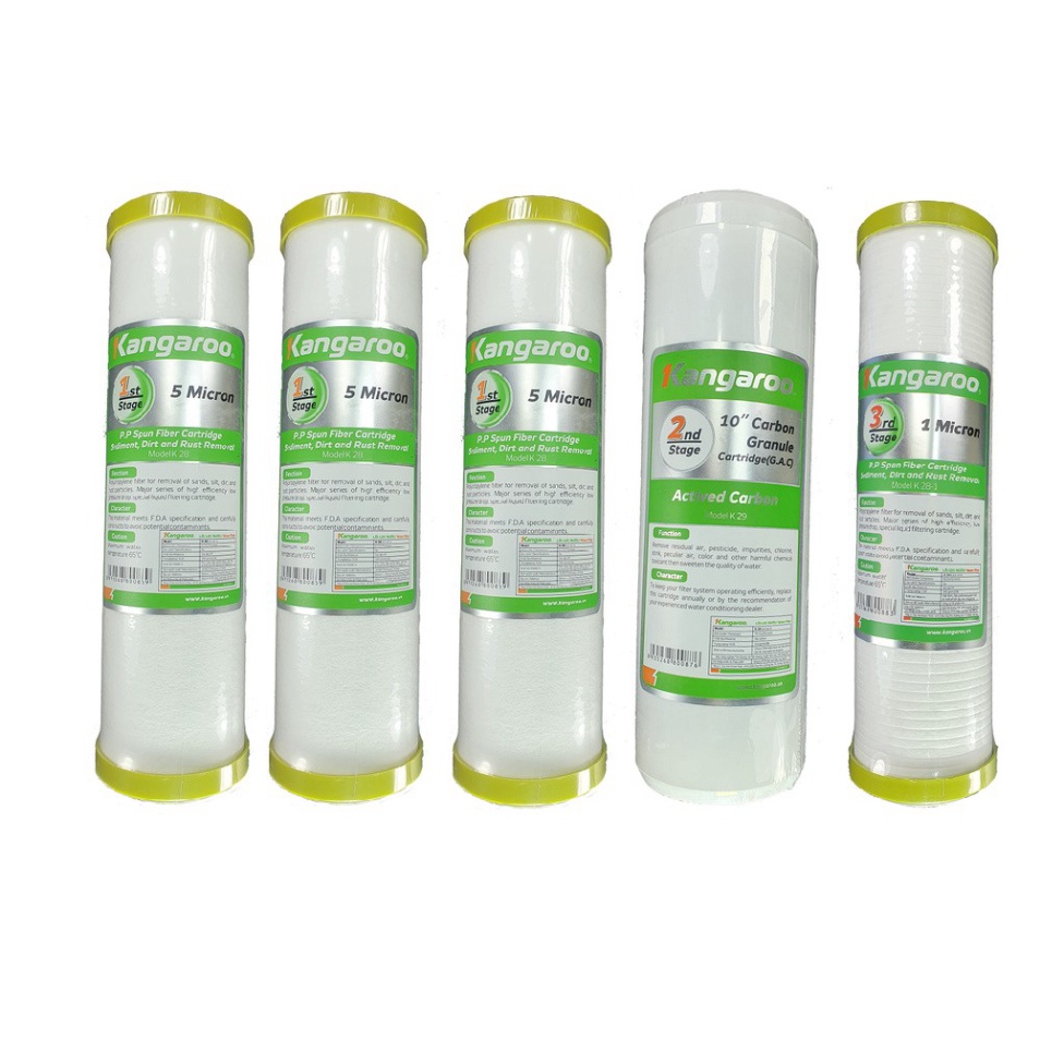 Bộ 05 lõi lọc nước Kangaroo: 3 lõi số 1, 1 lõi số 2, và 1 lõi số 3 ,cam kết chính hãng kangaroo.