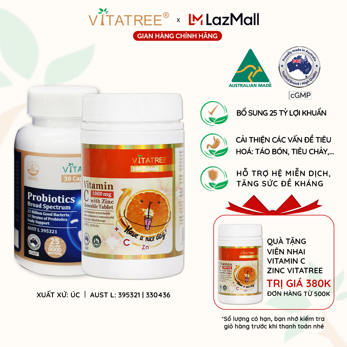 COMBO ĐỀ KHÁNG - Viên nhai tăng đề kháng Vitatree Vitamin C 1000mg with