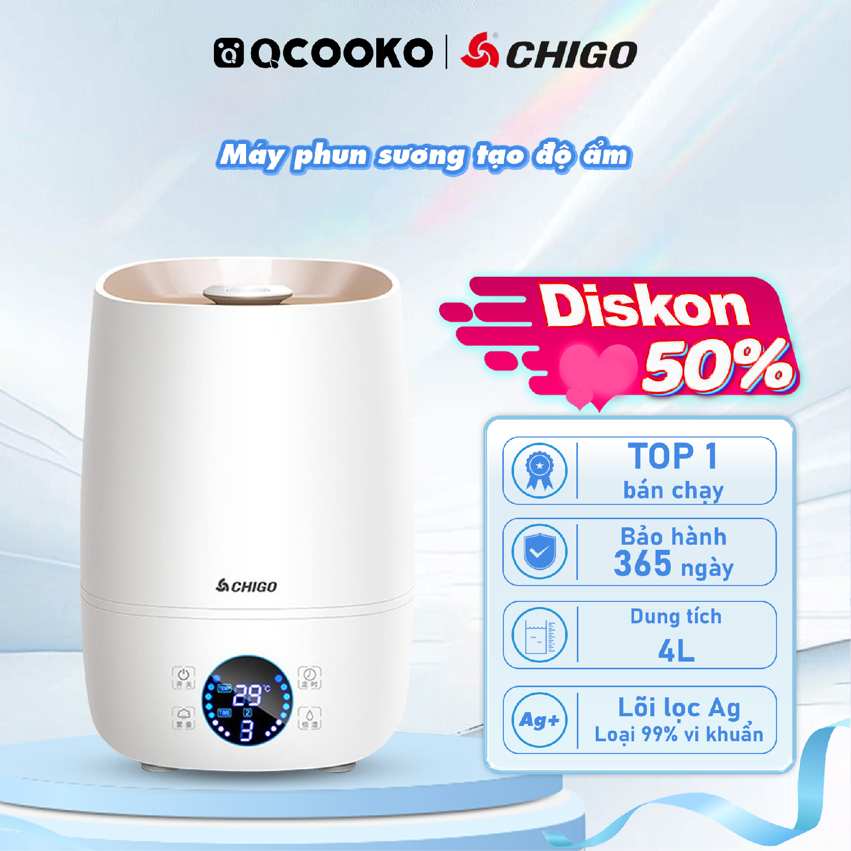 Máy tạo độ ẩm Chigo 4L gia dụng không gây tiếng ồn thích hợp phòng ngủ phun sương mạnh an toàn cho mẹi và bé có thể sử dụng liên tục 8 giờ