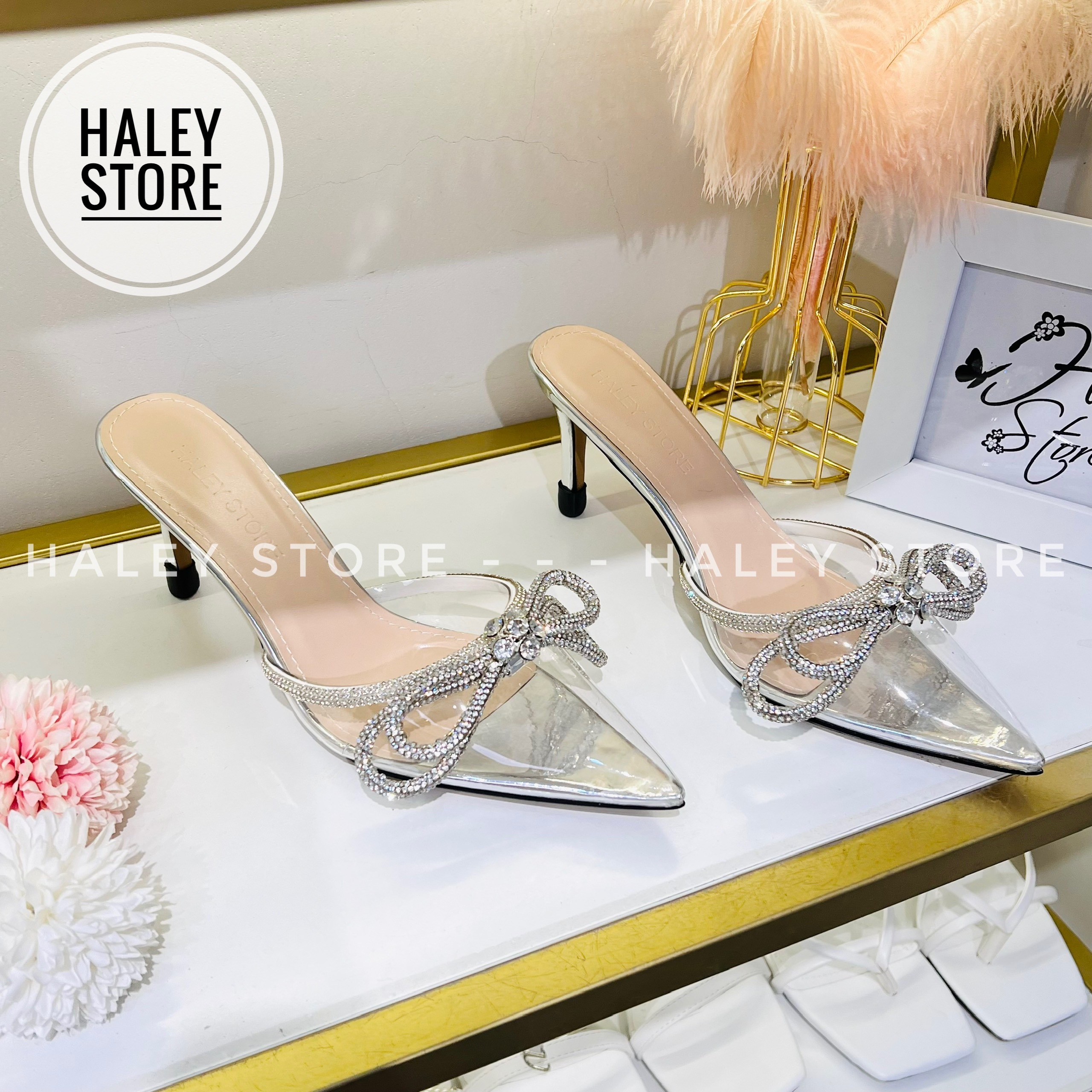 Giày sục nơ xoàn vip mika HALEY STORE cao gót 7cm quai đính nơ xoàn đá pha lê mũi nhọn công chúa tiểu thư cô dâu đi tiệc