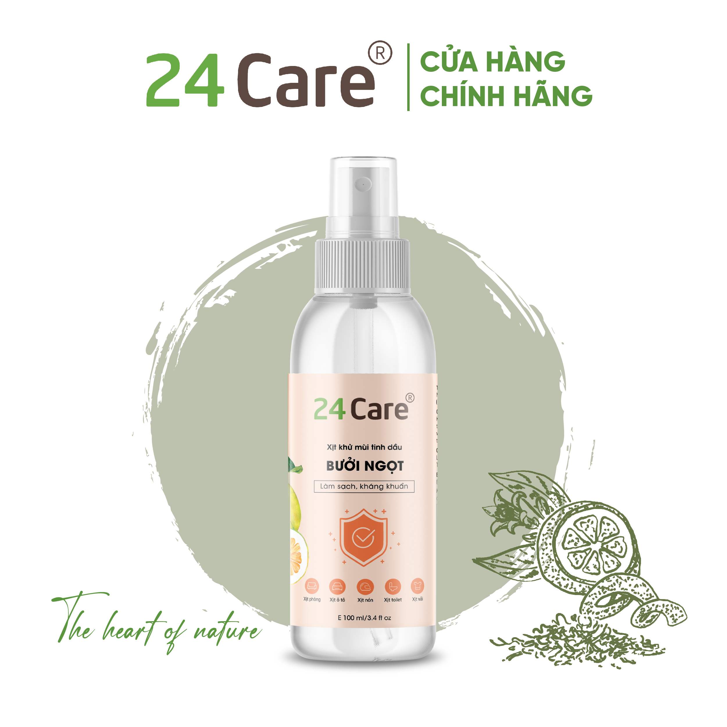 Xịt Phòng Tinh Dầu Bưởi Ngọt Hữu Cơ Organic  24Care 50ML/100ML - Kháng khuẩn - Khử mùi hôi  - Đuổi muỗi - côn trùng - Xịt không gian bàn ăn, tạo cảm giác ngon miệng hơn - Hương thơm thư giãn