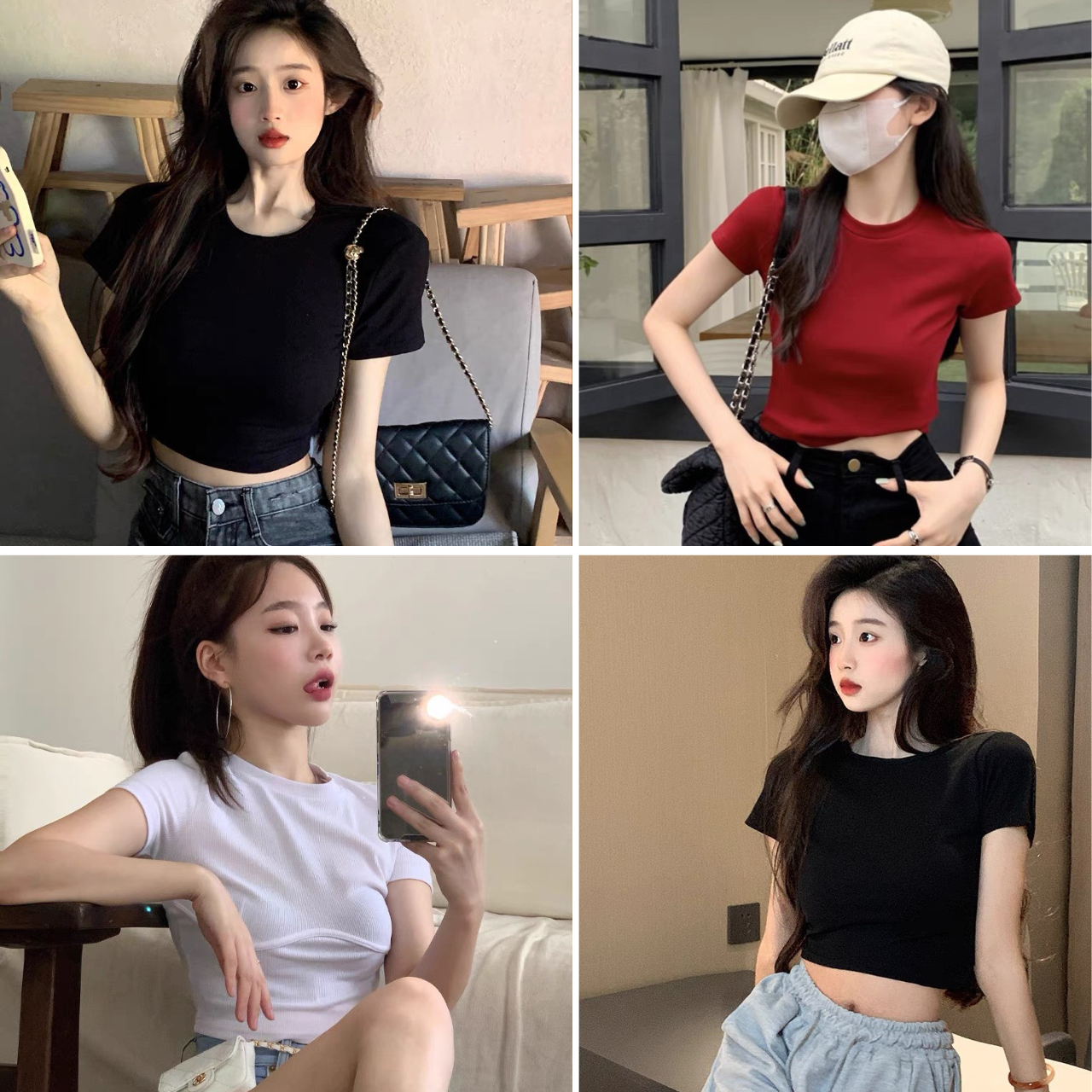 Áo croptop ngắn tay kiểu dáng basic chất thun co giãn có ảnh và clip thật -a1